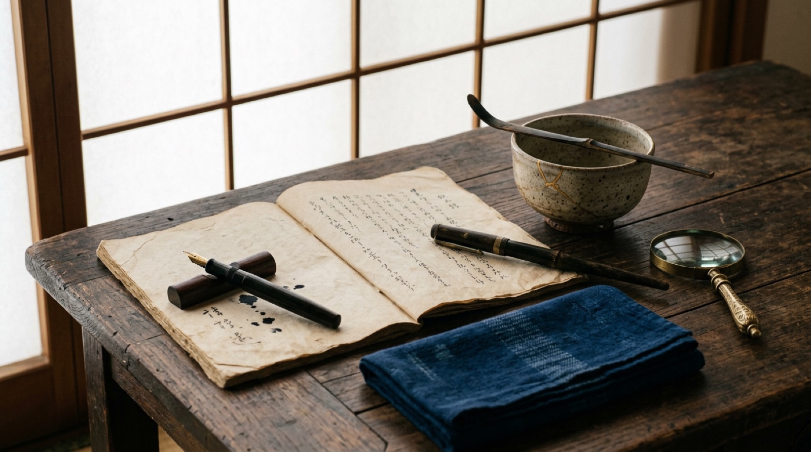 木の机に開かれた古い和帳と万年筆、骨董の茶碗と藍色の風呂敷