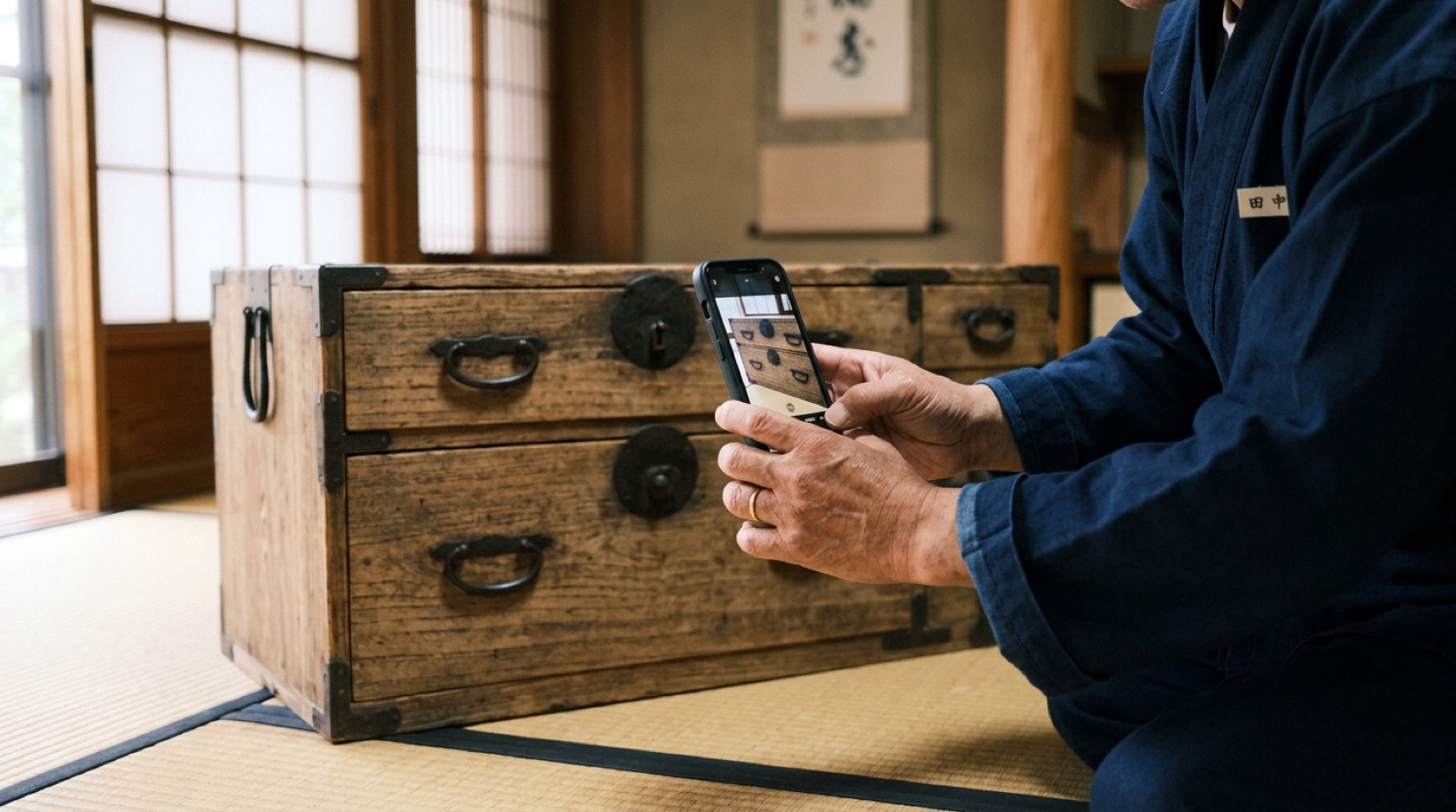 現場でスマートフォンを使って査定する手元